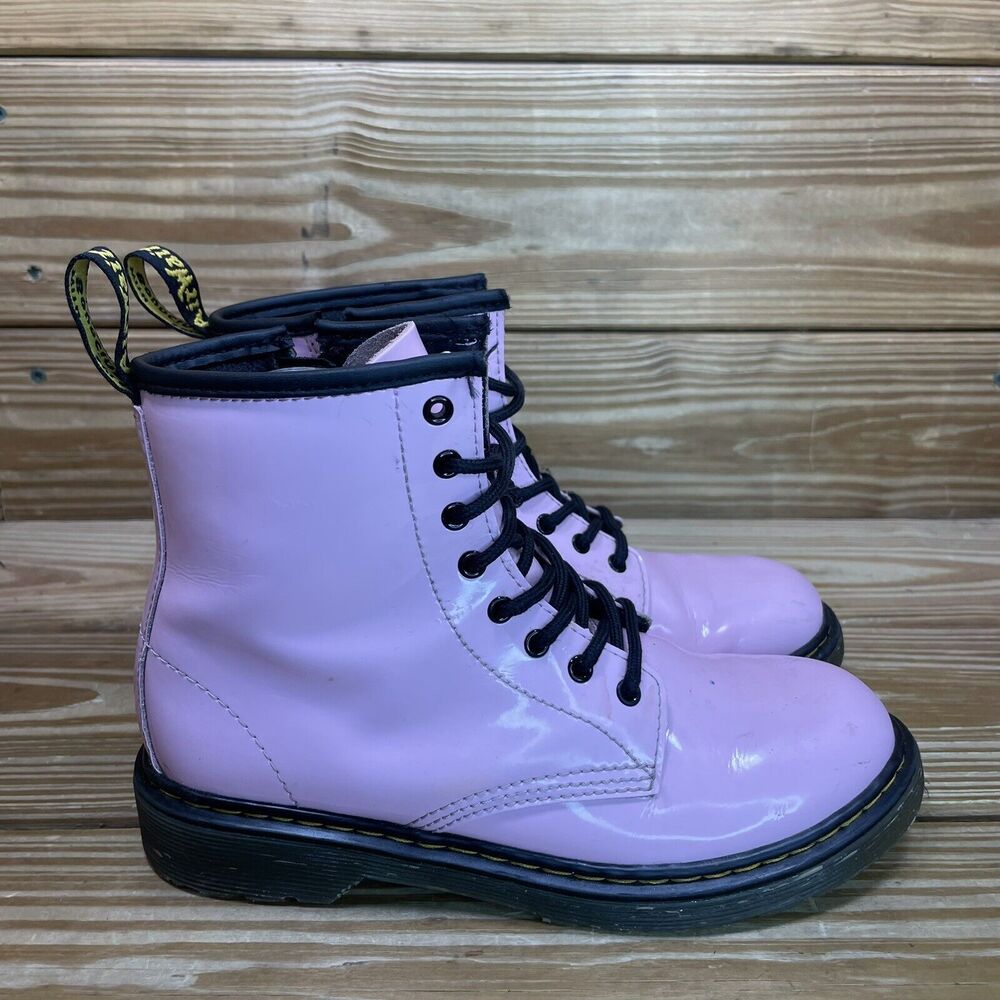 Dr. Martens Pink Patent Kids Lace-Up Boots with Black Trim